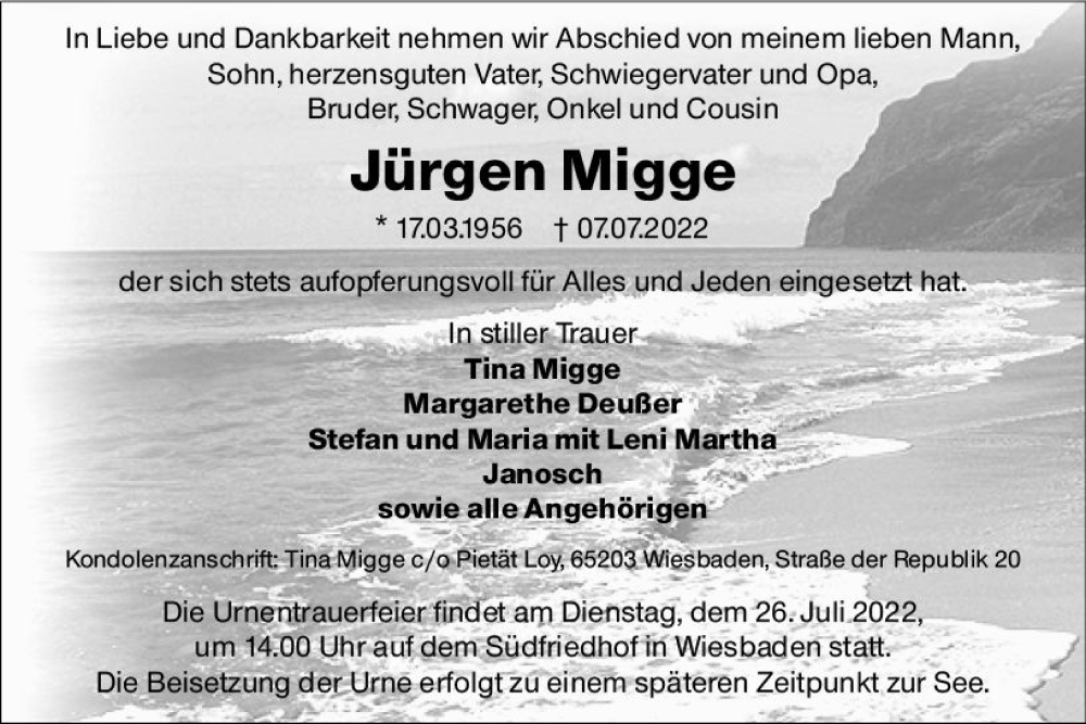  Traueranzeige für Jürgen Migge vom 23.07.2022 aus vrm-trauer Wiesbadener Kurier