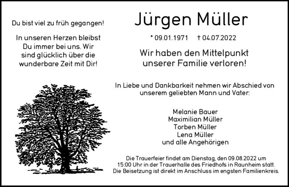  Traueranzeige für Jürgen Müller vom 16.07.2022 aus vrm-trauer Rüsselsheimer Echo / MainSpitze