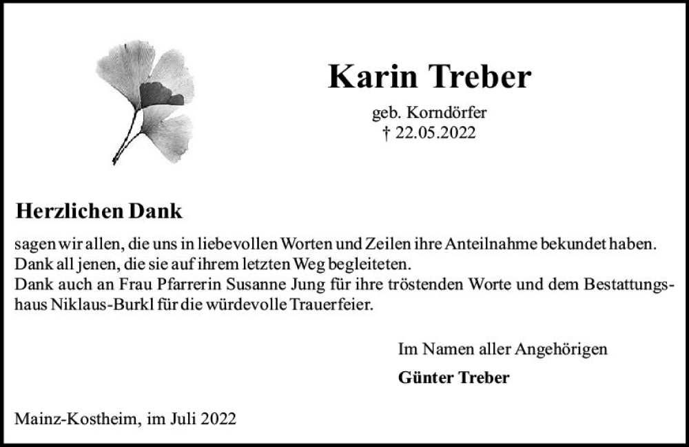  Traueranzeige für Karin Treber vom 09.07.2022 aus vrm-trauer AZ Mainz