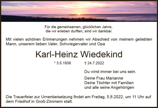Traueranzeige von Karl-Heinz Wiedekind von vrm-trauer DieburgerAnzeiger/Groß-Zimmerner Lokala