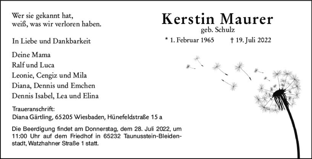  Traueranzeige für Kerstin Maurer vom 23.07.2022 aus vrm-trauer Wiesbadener Kurier