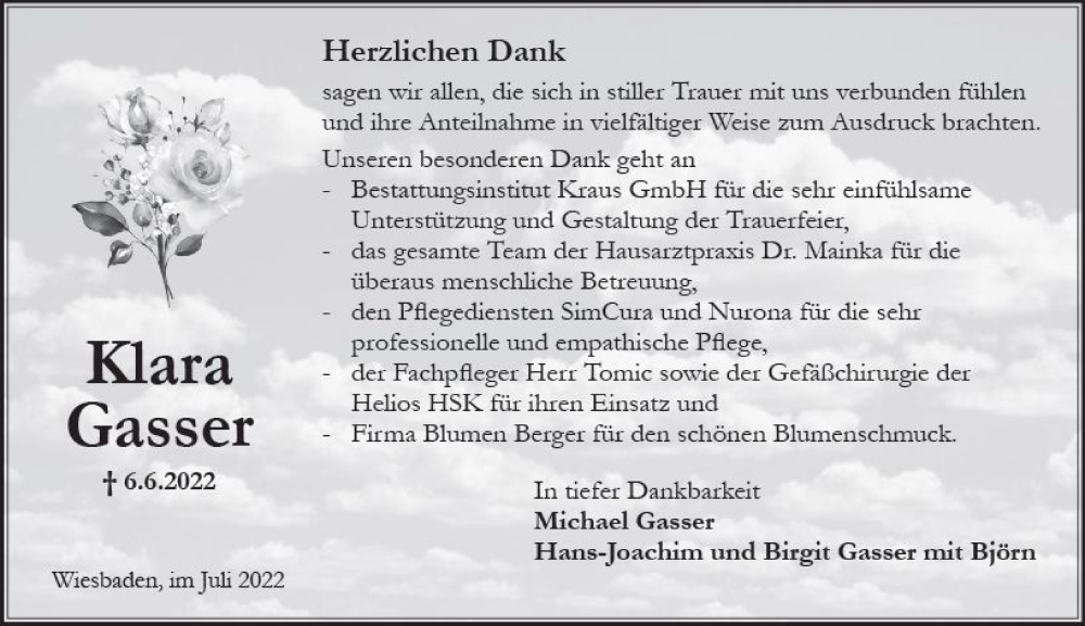  Traueranzeige für Klara Gasser vom 09.07.2022 aus vrm-trauer Wiesbadener Kurier