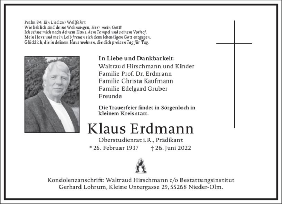 Traueranzeige von Klaus Erdmann von vrm-trauer AZ Mainz