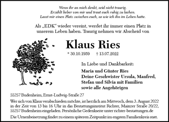 Traueranzeige von Klaus Ries von vrm-trauer AZ Mainz