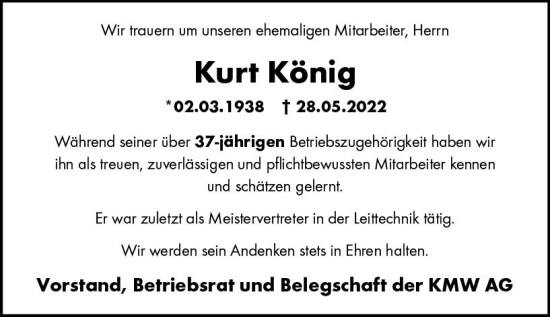 Traueranzeige von Kurt König von vrm-trauer Wormser Zeitung