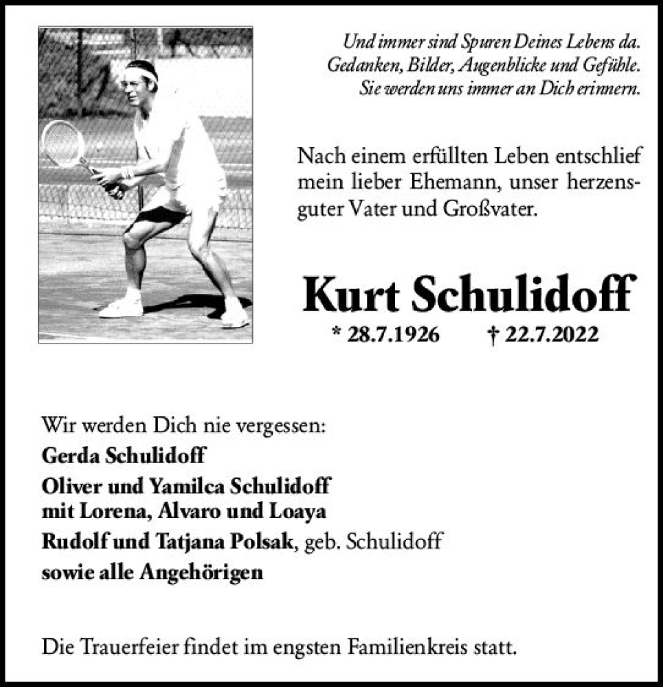  Traueranzeige für Kurt Schulidoff vom 29.07.2022 aus vrm-trauer Hochheimer Zeitung