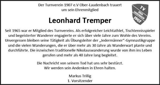 Traueranzeige von Leonhard Tremper von vrm-trauer Bürstädter/Lamperth. Ztg/Starkenburger