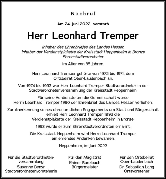 Traueranzeige von Leonhard Tremper von vrm-trauer Bürstädter/Lamperth. Ztg/Starkenburger