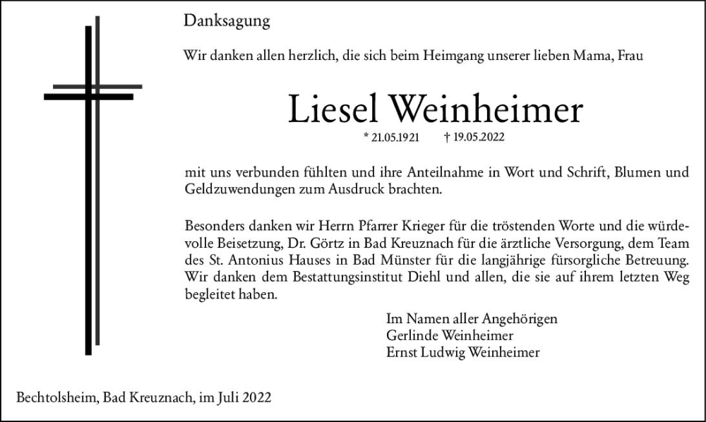  Traueranzeige für Liesel Weinheimer vom 02.07.2022 aus vrm-trauer Allgemeine Zeitung Alzey