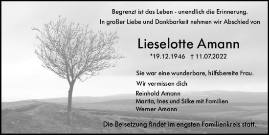 Traueranzeige von Lieselotte Amann von vrm-trauer Darmstädter Echo