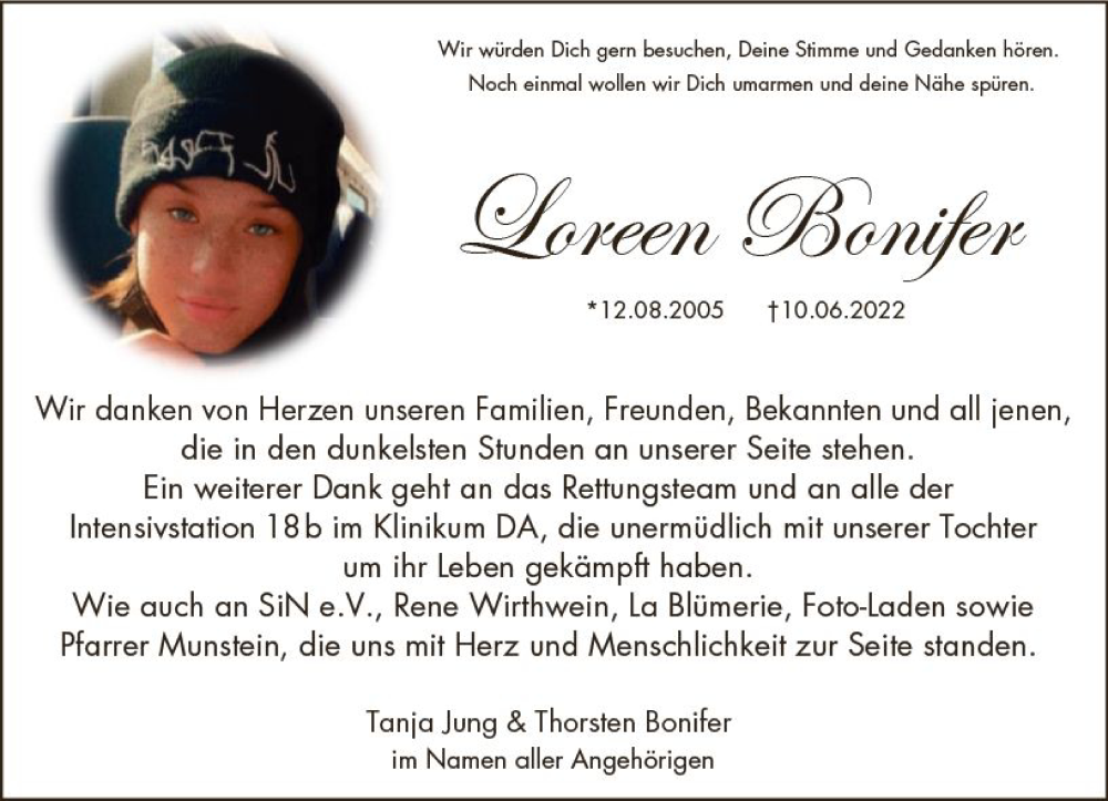  Traueranzeige für Loreen Bonifer vom 02.07.2022 aus vrm-trauer Groß-Gerauer Echo