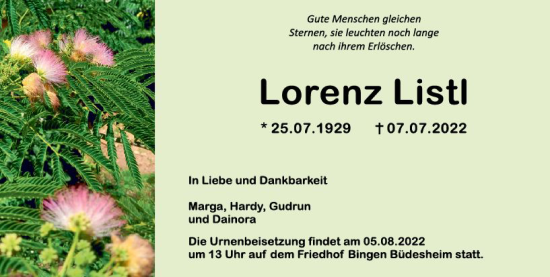 Traueranzeige von Lorenz Listl von vrm-trauer Allgemeine  Zeitung Ingelheim-Bingen