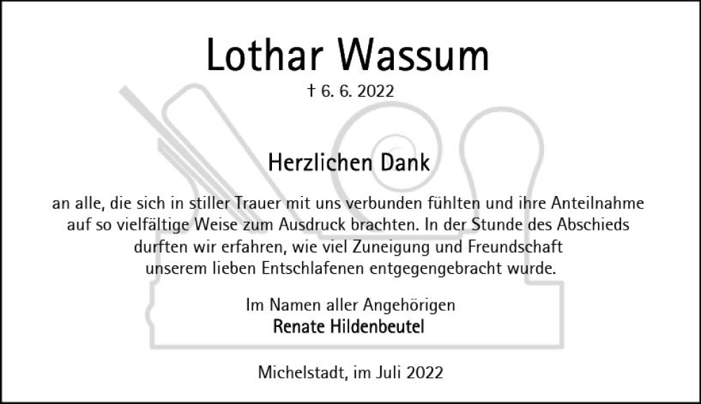  Traueranzeige für Lothar Wassum vom 09.07.2022 aus vrm-trauer Odenwälder Echo