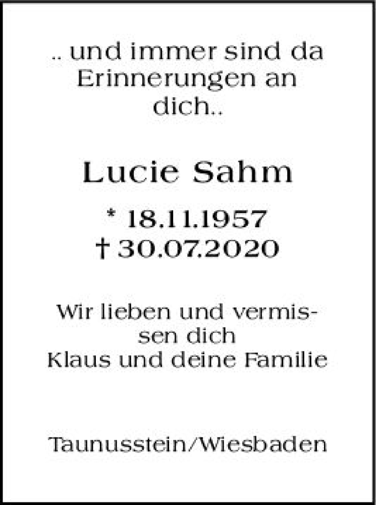  Traueranzeige für Lucie Sahm vom 30.07.2022 aus vrm-trauer Wiesbadener Kurier