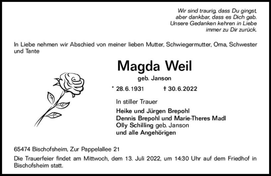 Traueranzeige von Magda Weil von vrm-trauer Rüsselsheimer Echo / MainSpitze