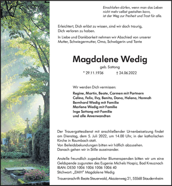Traueranzeige von Magdalene Wedig von vrm-trauer Allg. Zeitung Bad Kreuznach