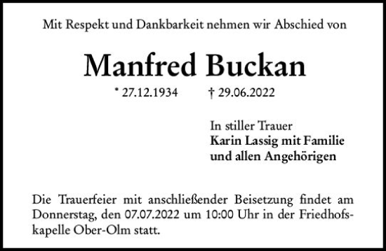 Traueranzeige von Manfred Buckan von vrm-trauer AZ Mainz