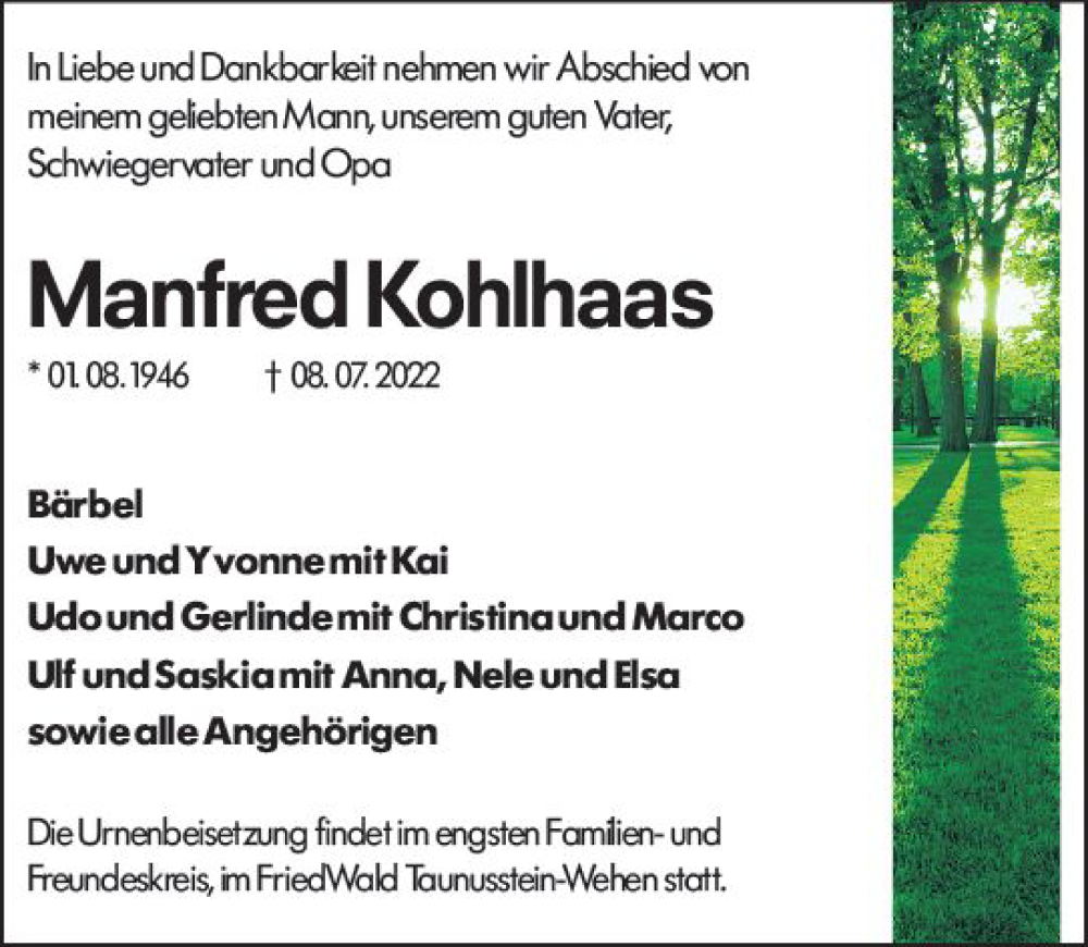  Traueranzeige für Manfred Kohlhaas vom 16.07.2022 aus vrm-trauer Wiesbadener Kurier