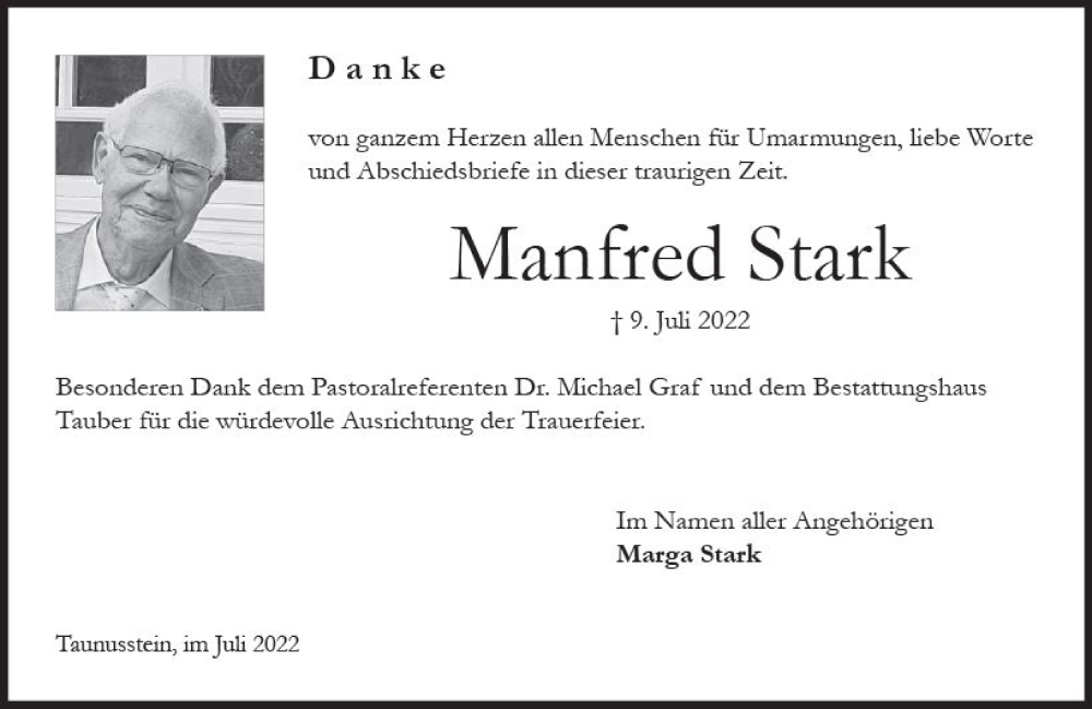  Traueranzeige für Manfred Stark vom 23.07.2022 aus vrm-trauer WK-UTA