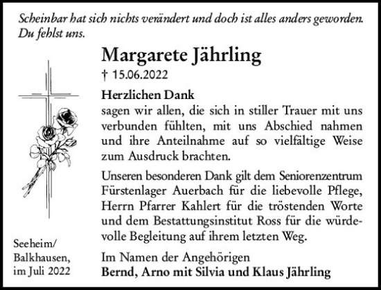 Traueranzeige von Margarete Jährling von vrm-trauer Darmstädter Echo