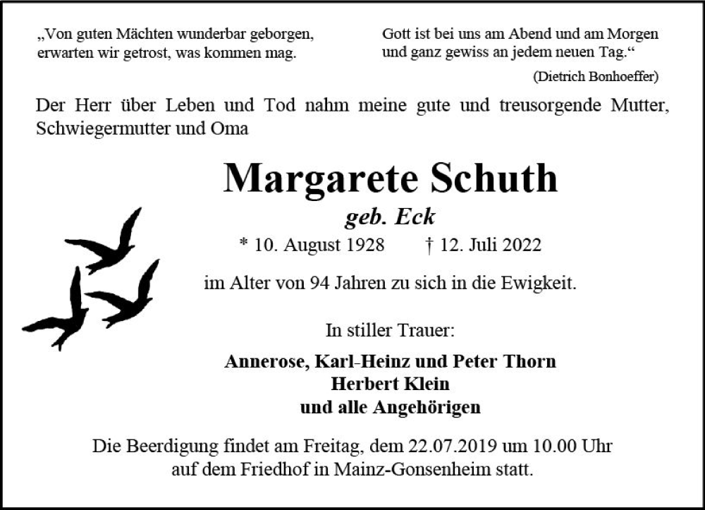  Traueranzeige für Margarete Schuth vom 16.07.2022 aus vrm-trauer AZ Mainz