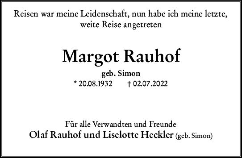  Traueranzeige für Margot Rauhof vom 09.07.2022 aus vrm-trauer Wiesbadener Kurier