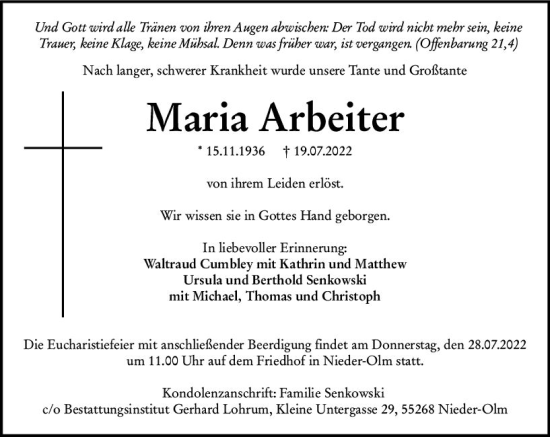 Traueranzeige von Maria Arbeiter von vrm-trauer AZ Mainz