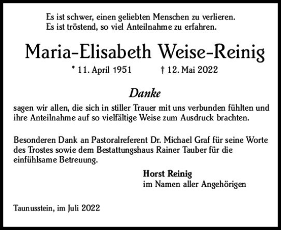 Traueranzeige von Maria-Elisabeth Weise-Reinig von vrm-trauer WK-UTA