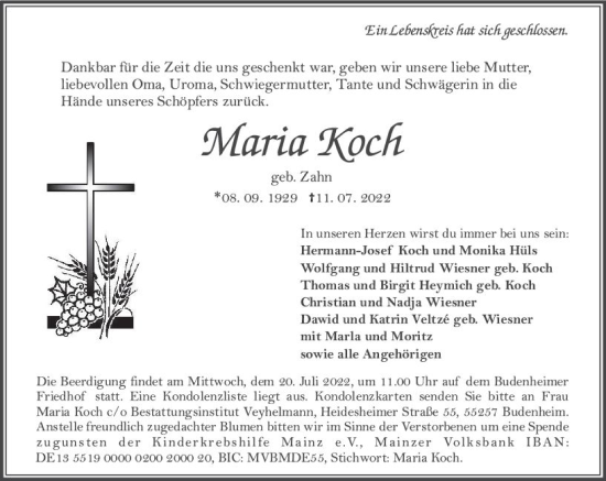 Traueranzeige von Maria Koch von vrm-trauer AZ Mainz