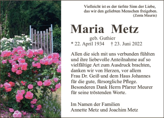 Traueranzeige von Maria Metz von vrm-trauer Bürstädter/Lamperth. Ztg/Starkenburger