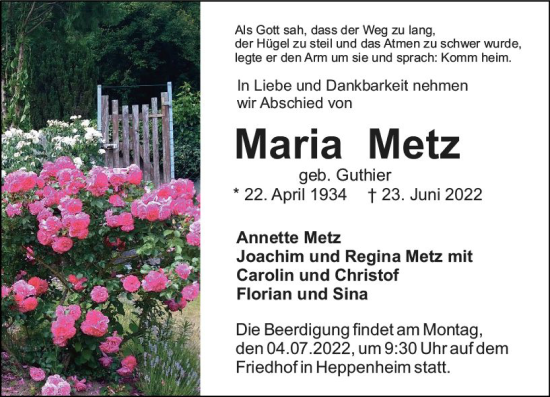 Traueranzeige von Maria Metz von vrm-trauer Bürstädter/Lamperth. Ztg/Starkenburger