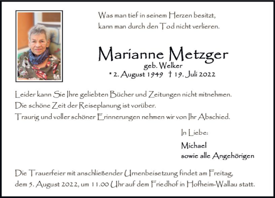 Traueranzeige von Marianne Metzger von vrm-trauer Wiesbadener Kurier
