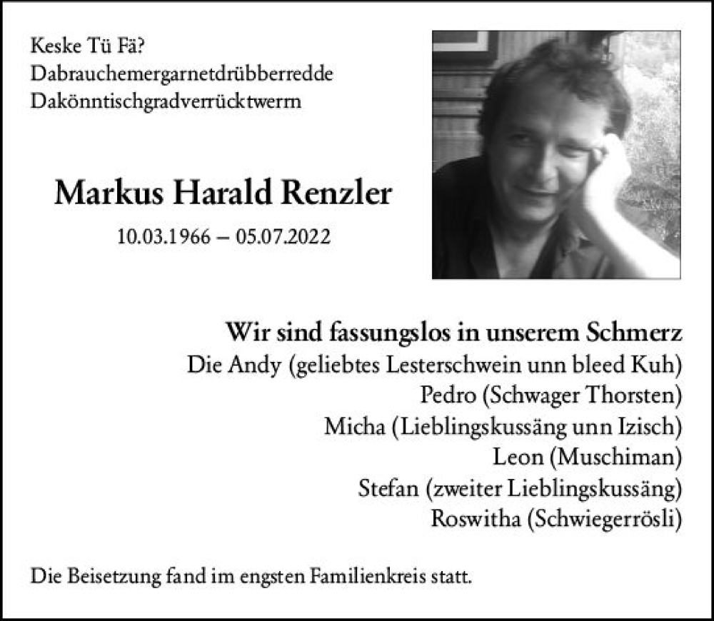  Traueranzeige für Markus Harald Renzler vom 30.07.2022 aus vrm-trauer AZ Mainz