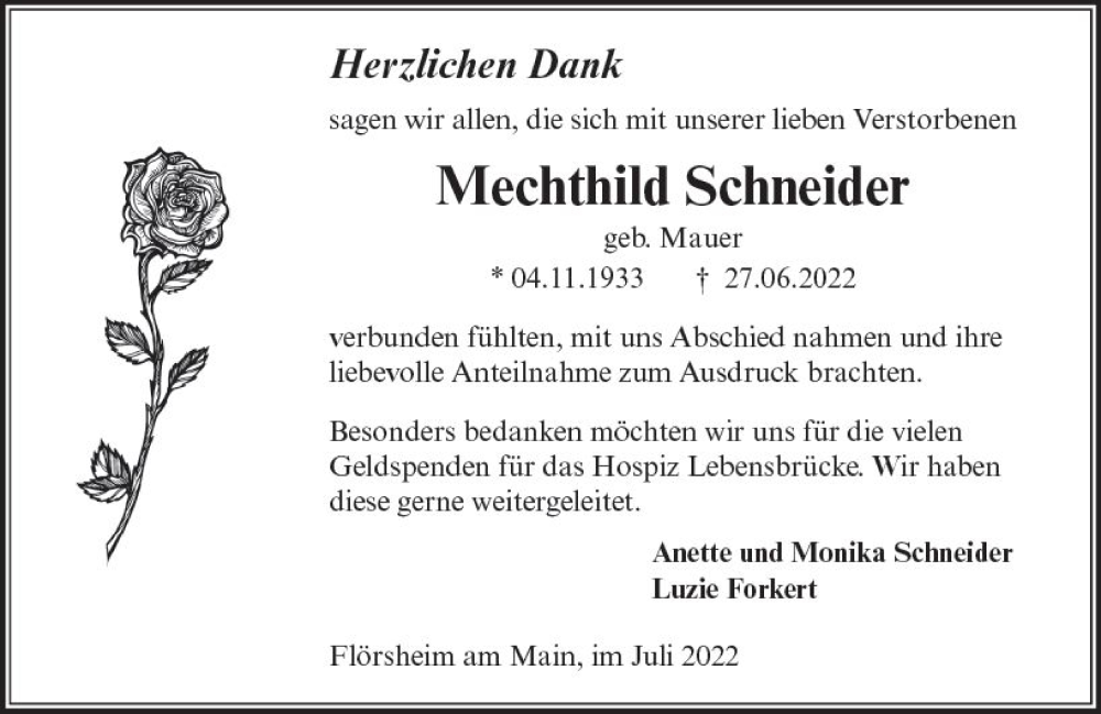  Traueranzeige für Mechthild Schneider vom 30.07.2022 aus vrm-trauer Rüsselsheimer Echo / MainSpitze