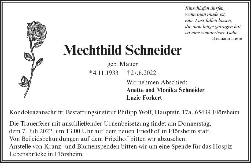  Traueranzeige für Mechthild Schneider vom 02.07.2022 aus vrm-trauer Rüsselsheimer Echo / MainSpitze