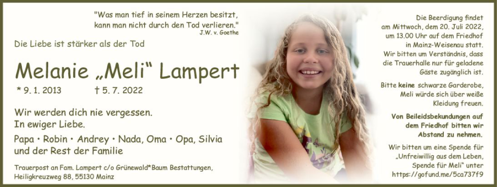  Traueranzeige für Melanie Lampert vom 16.07.2022 aus vrm-trauer AZ Mainz