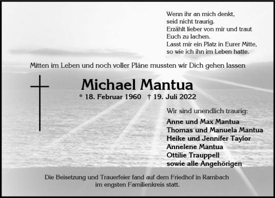 Traueranzeige von Michael Mantua von vrm-trauer Wiesbadener Kurier