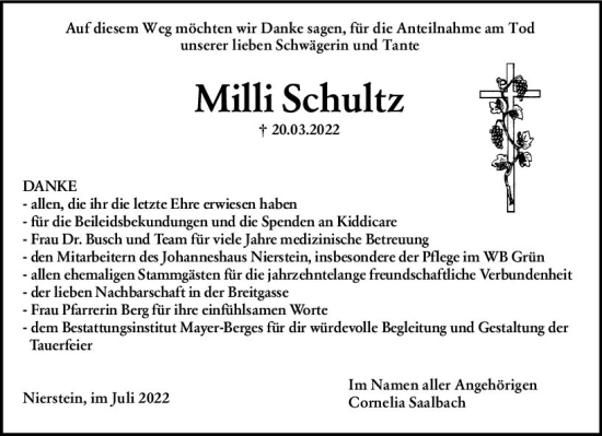 Traueranzeige von Milli Schultz von vrm-trauer AZ Mainz