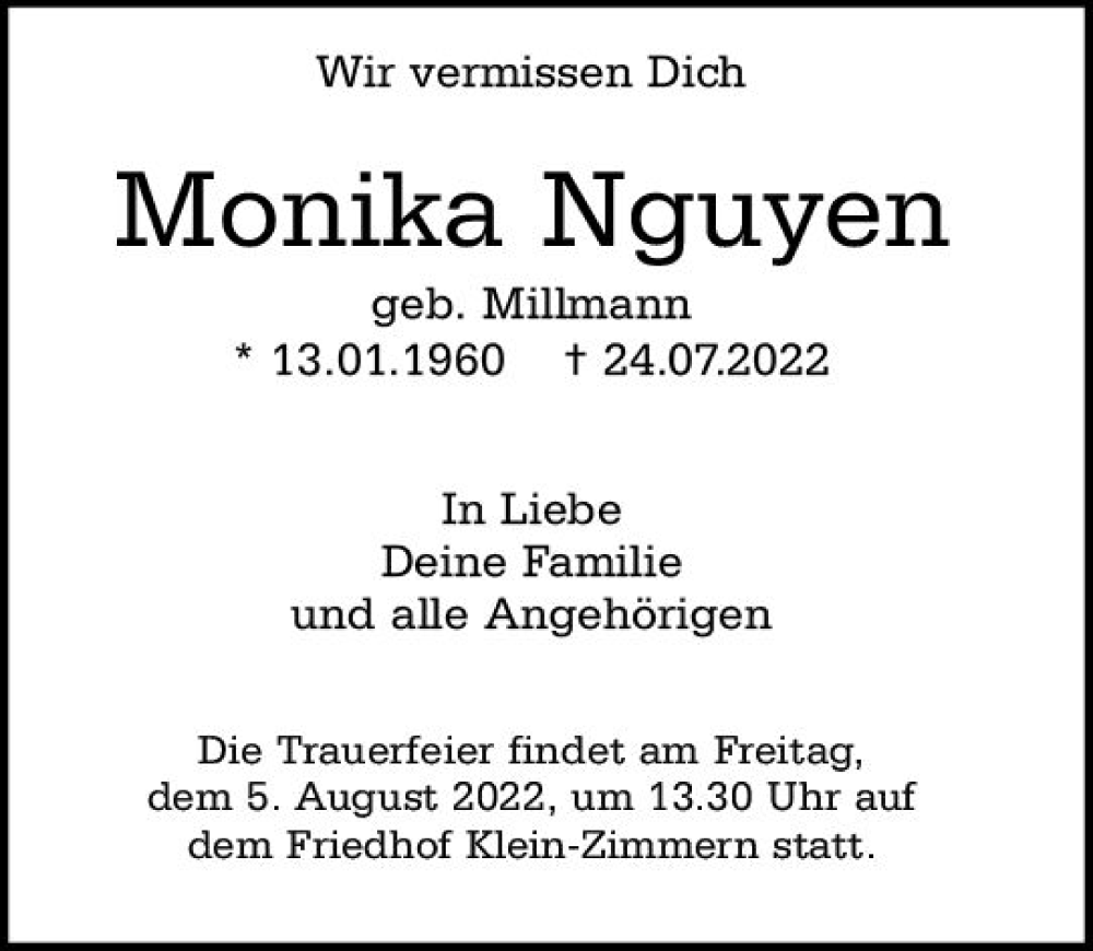  Traueranzeige für Monika Nguyen vom 30.07.2022 aus vrm-trauer DieburgerAnzeiger/Groß-Zimmerner Lokala