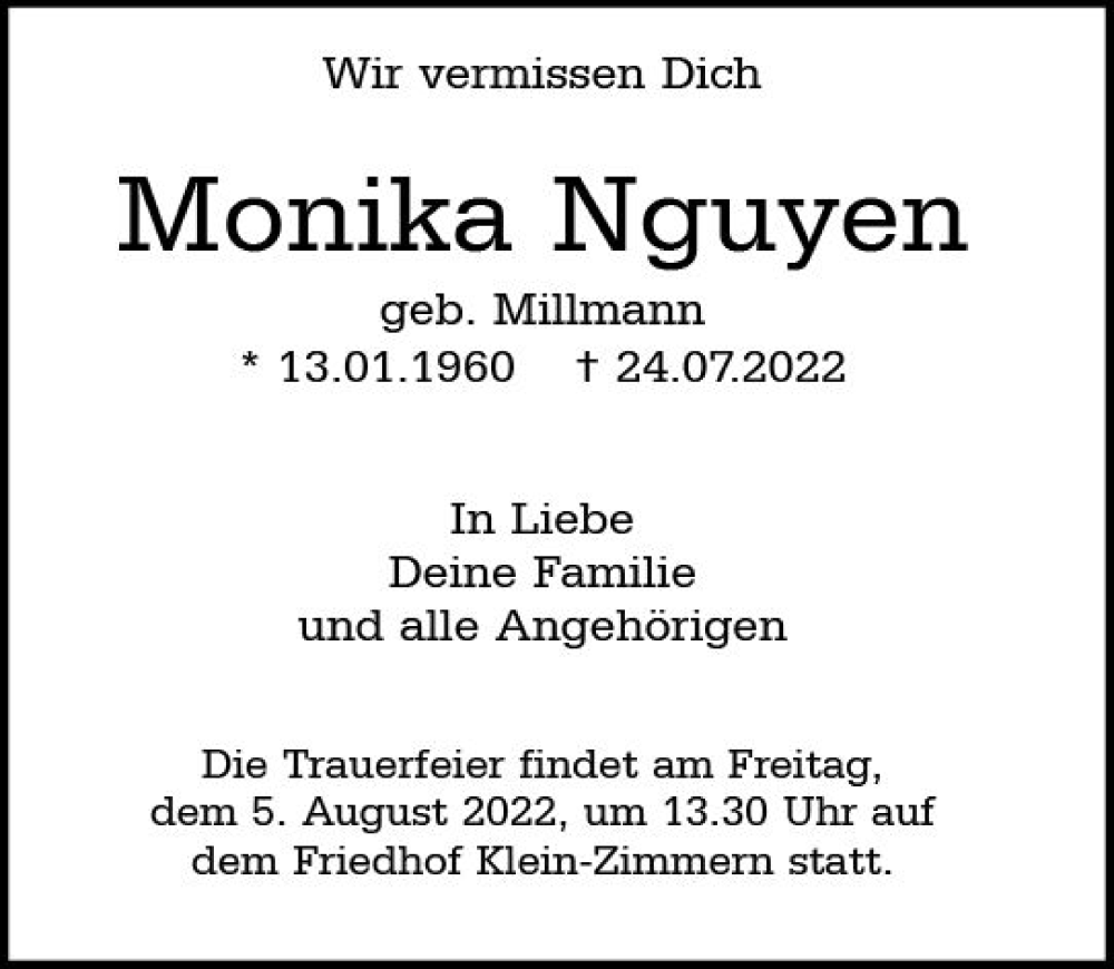  Traueranzeige für Monika Nguyen vom 30.07.2022 aus vrm-trauer Darmstädter Echo