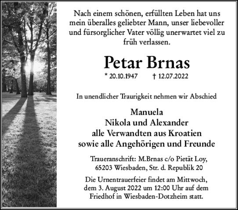  Traueranzeige für Petar Brnas vom 30.07.2022 aus vrm-trauer Wiesbadener Kurier