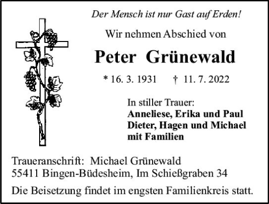Traueranzeige von Peter Grünewald von vrm-trauer Allgemeine  Zeitung Ingelheim-Bingen
