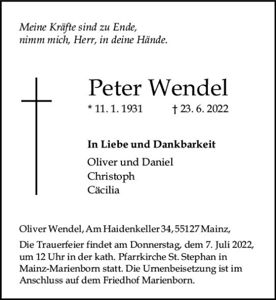 Traueranzeige von Peter Wendel von vrm-trauer AZ Mainz