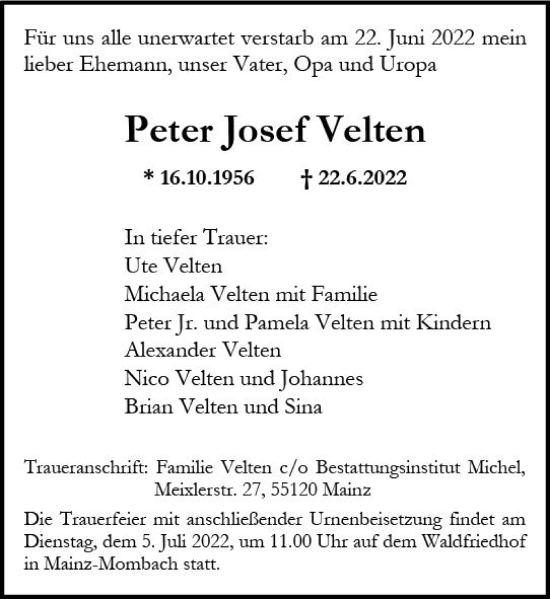 Traueranzeige von Peter Josef Velten von vrm-trauer AZ Mainz