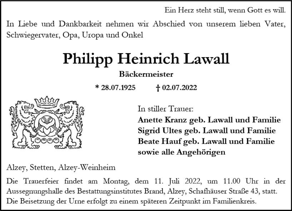  Traueranzeige für Philipp Heinrich Lawall vom 06.07.2022 aus vrm-trauer Allgemeine Zeitung Alzey