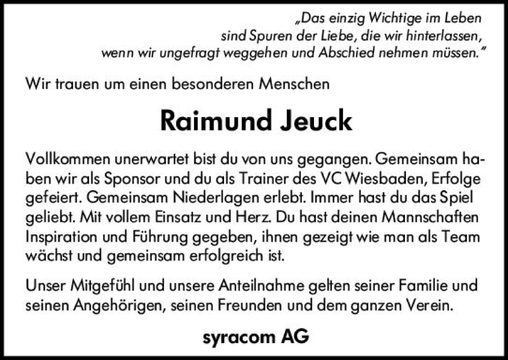  Traueranzeige für Raimund Jeuck vom 23.07.2022 aus vrm-trauer Wiesbadener Kurier