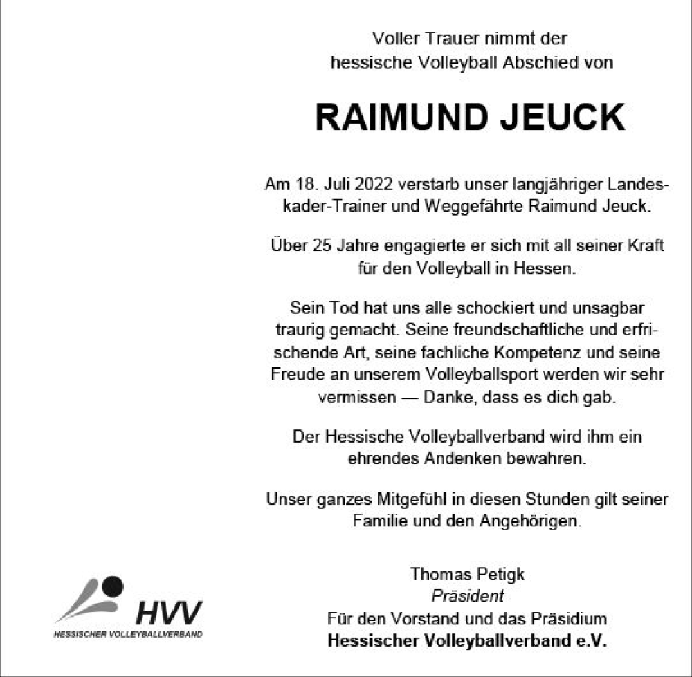  Traueranzeige für Raimund Jeuck vom 23.07.2022 aus vrm-trauer Rüsselsheimer Echo / MainSpitze