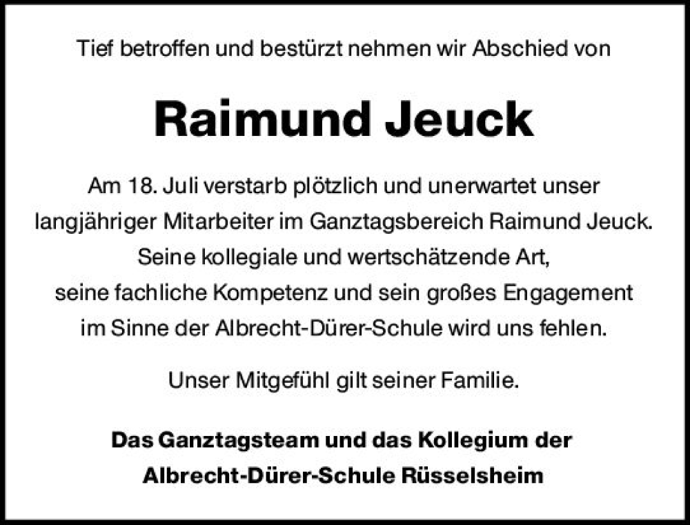  Traueranzeige für Raimund Jeuck vom 30.07.2022 aus vrm-trauer Rüsselsheimer Echo / MainSpitze