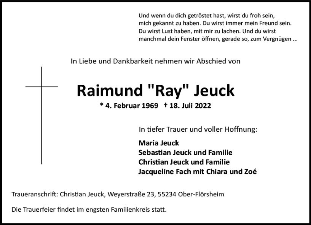  Traueranzeige für Raimund Jeuck vom 23.07.2022 aus vrm-trauer Rüsselsheimer Echo / MainSpitze