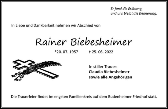 Traueranzeige von Rainer Biebesheimer von vrm-trauer AZ Mainz